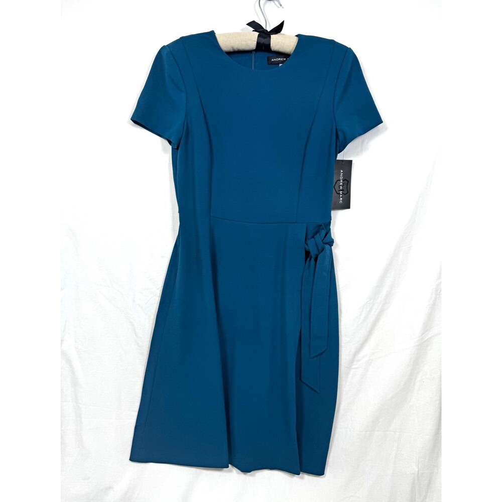 NWT Andrew Marc Blue Solid A-Line Knee Dress Short Sleeve Round Neck Tie - 6